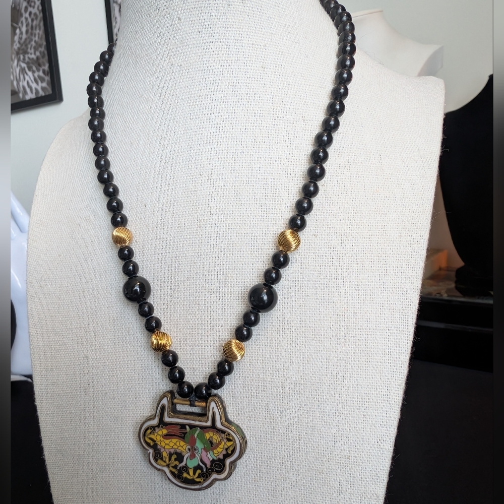 Vintage 925 Les Bernard Obsidian & Cloisonne Sterling Gold Necklace - Estate - Picture 14 of 14